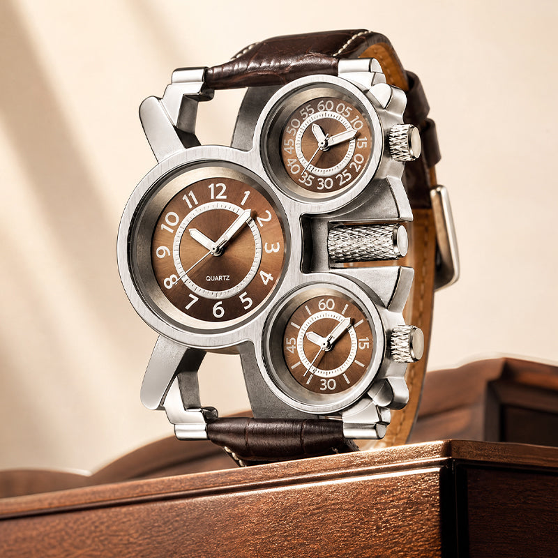 Oulm HP1167 Quartz Watch - Live Edition Men's Heavy Steampunk Triple Time Zone Industrial Silver Case Luminous Hands Leather Strap Tactical Wristwatch