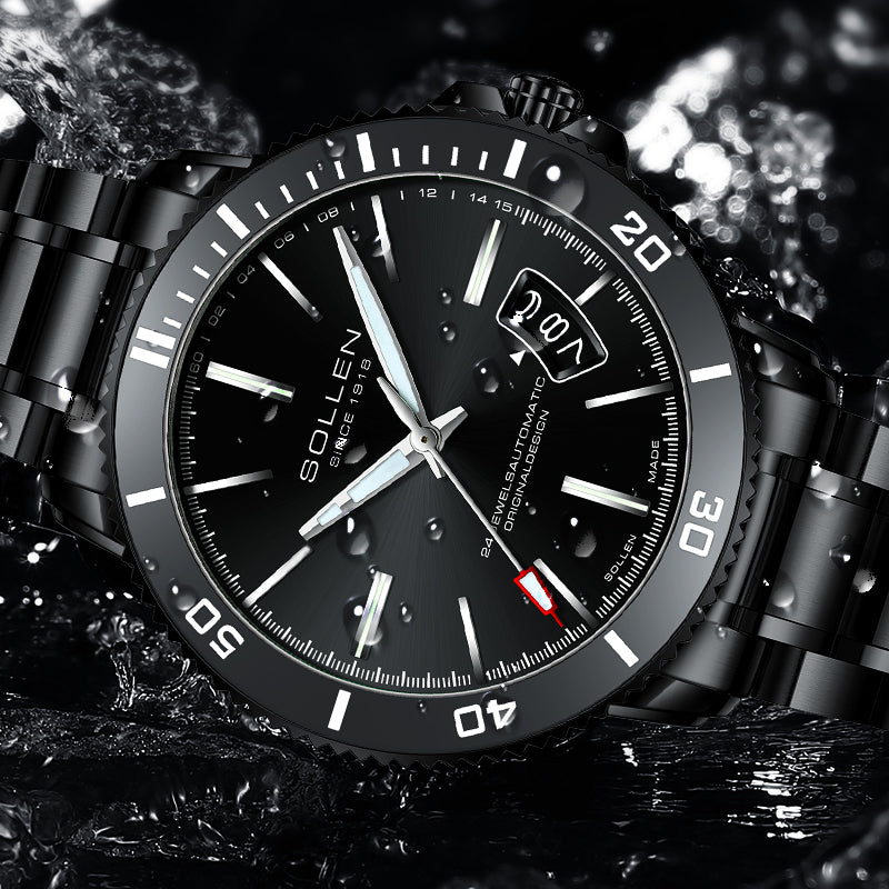 Sollen SL609 Automatic Watch - Men's Stainless Steel 5-Bead Bracelet Rotatable Bezel Seiko NH35A Wristwatch