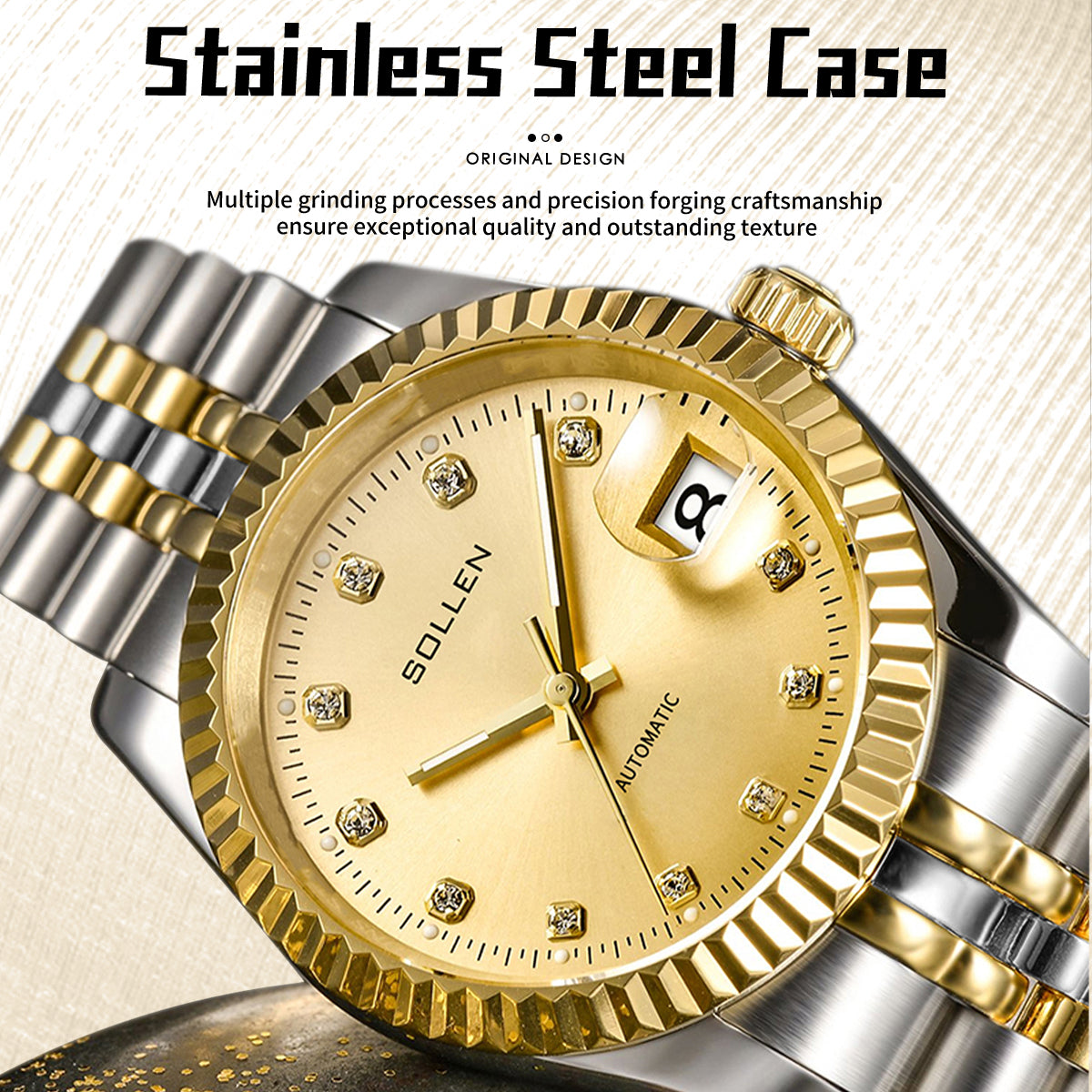 Sollen 9061 Automatic Watch - Men's Classic 36mm Fluted Bezel Cyclops Date 5-Bead Stainless Steel Bracelet Wristwatch