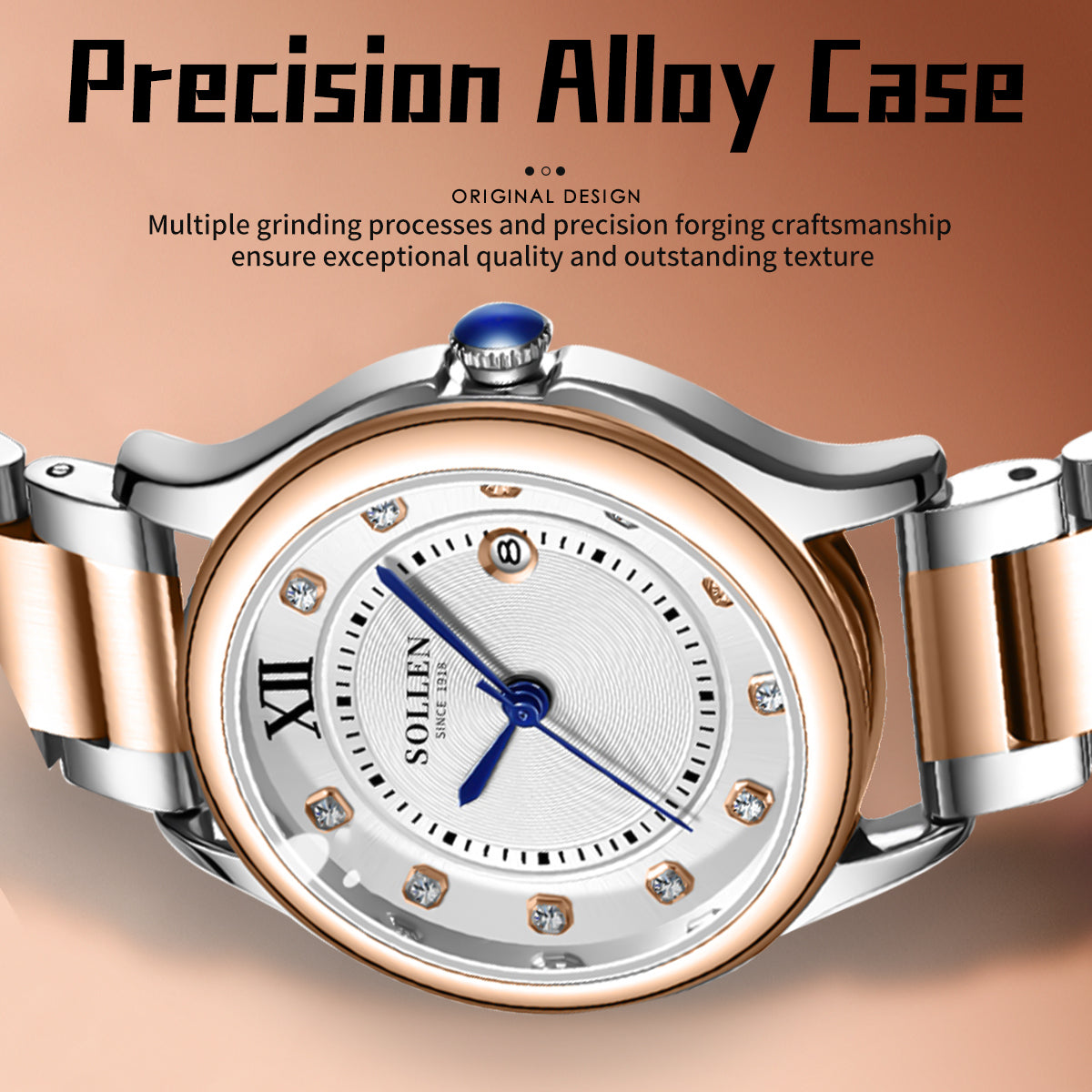 Sollen SL469 Women's Quartz Watch - 33mm Dial 11 Zirconia Markers Blue Sword Hands Two-Tone Stainless Steel Bracelet Wristwatch