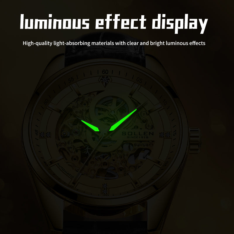 Sollen SL610 Automatic Watch - Men's All-Gold Case Double-Sided Engraved Skeleton Dial Premium Leather Strap Wristwatch