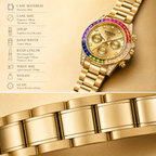 JEMSDUN JSD1838 Live Edition Men's Rainbow Daytona Style Chronograph Quartz Watch - 40mm Gold Case Rainbow Baguette Crystal Bezel Black Dial Metal Band Wristwatch
