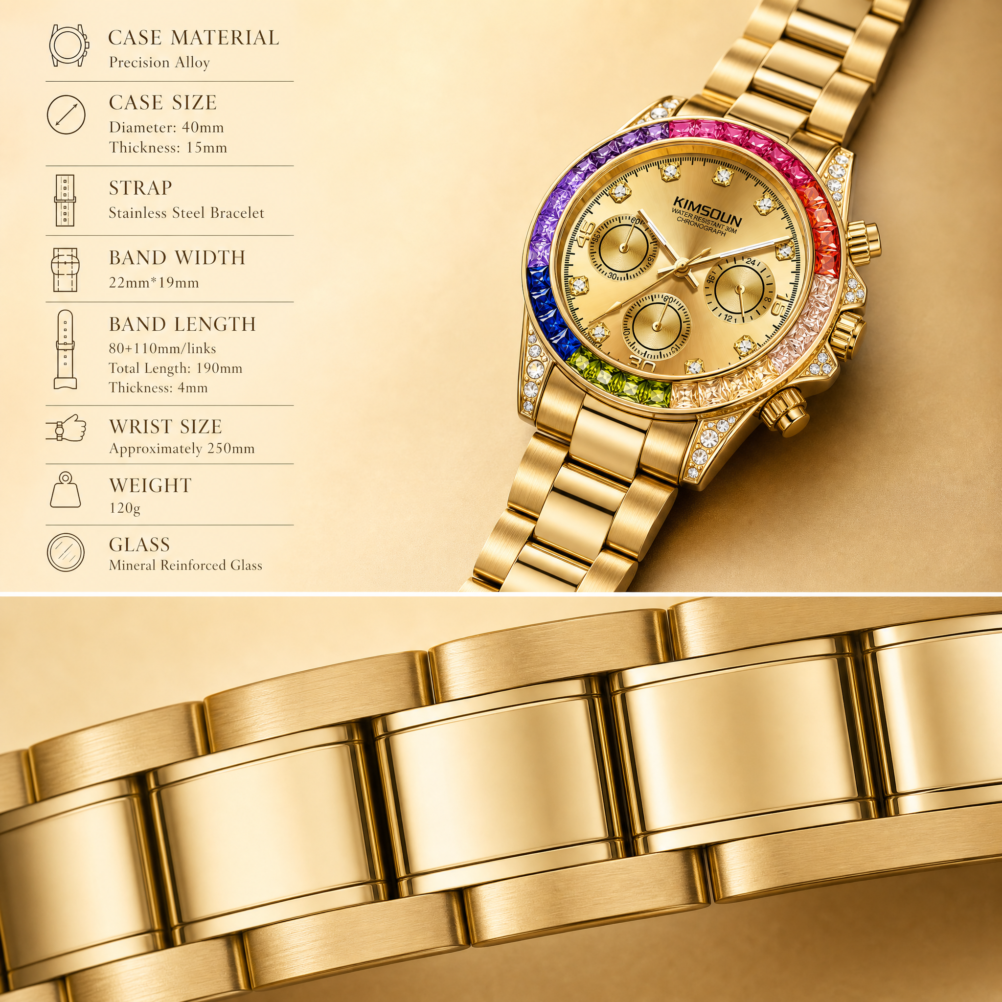 JEMSDUN JSD1838 Live Edition Men's Rainbow Daytona Style Chronograph Quartz Watch - 40mm Gold Case Rainbow Baguette Crystal Bezel Black Dial Metal Band Wristwatch