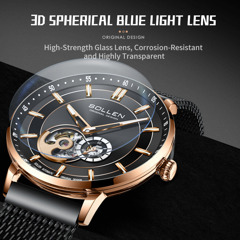 Sollen SL365 Men's Open Heart Automatic Mechanical Watch - 42mm Stainless Steel Case Slim 9.9mm Miyota 82S5 Movement Small Seconds Mesh Bracelet Wristwatch