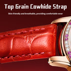 Sollen SL405 Women's Four-Leaf Clover Skeleton Automatic Watch - 35mm Crystal Bezel Mother of Pearl Dial Leather Strap Wristwatch