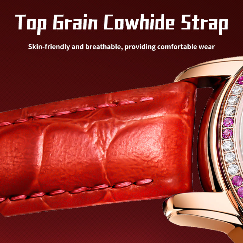Sollen SL405 Women's Four-Leaf Clover Skeleton Automatic Watch - 35mm Crystal Bezel Mother of Pearl Dial Leather Strap Wristwatch