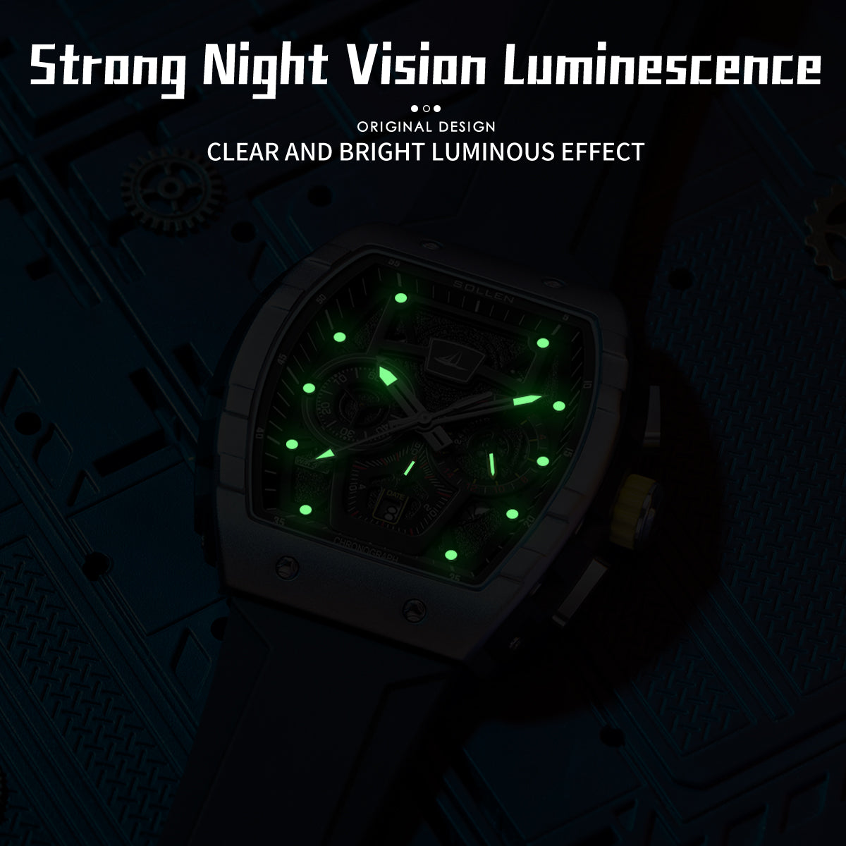Sollen SL709 Chronograph Watch - Men's Tonneau Multi-Layer Dial Performance Silicone Strap Wristwatch
