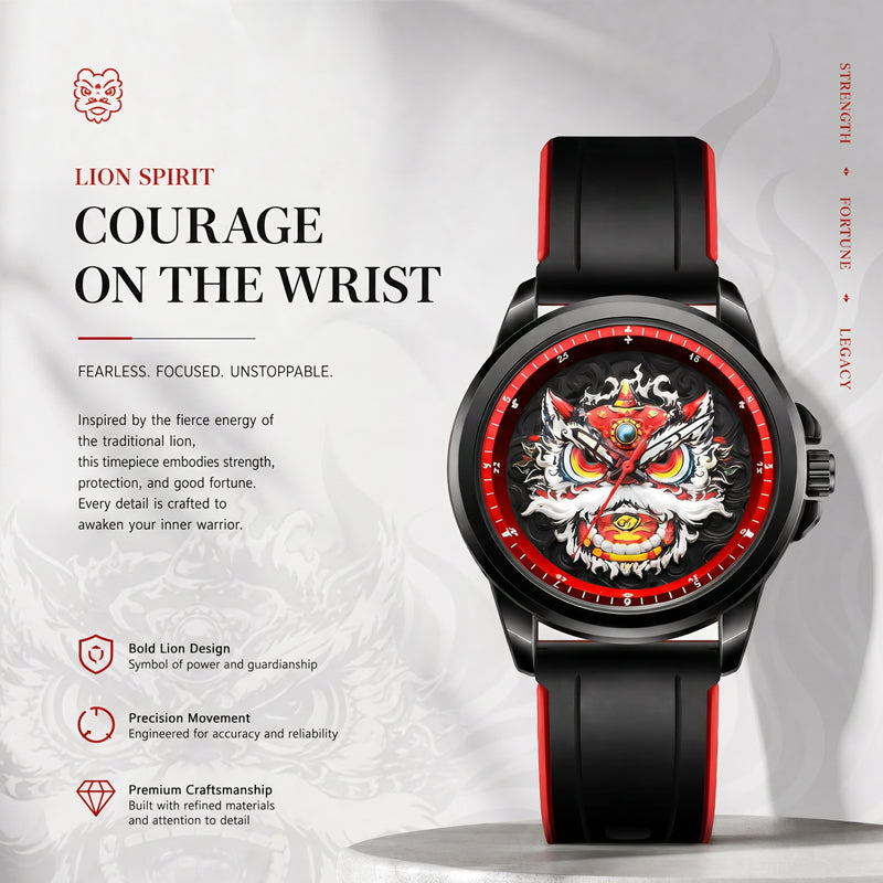 WLS6158 Quartz Watch - Live Edition Men's Streetwear 43mm Black Case Chinese Lion Dance Cultural Dial Luminous Facing Sport Silicone Elastic Woven Strap Wristwatch