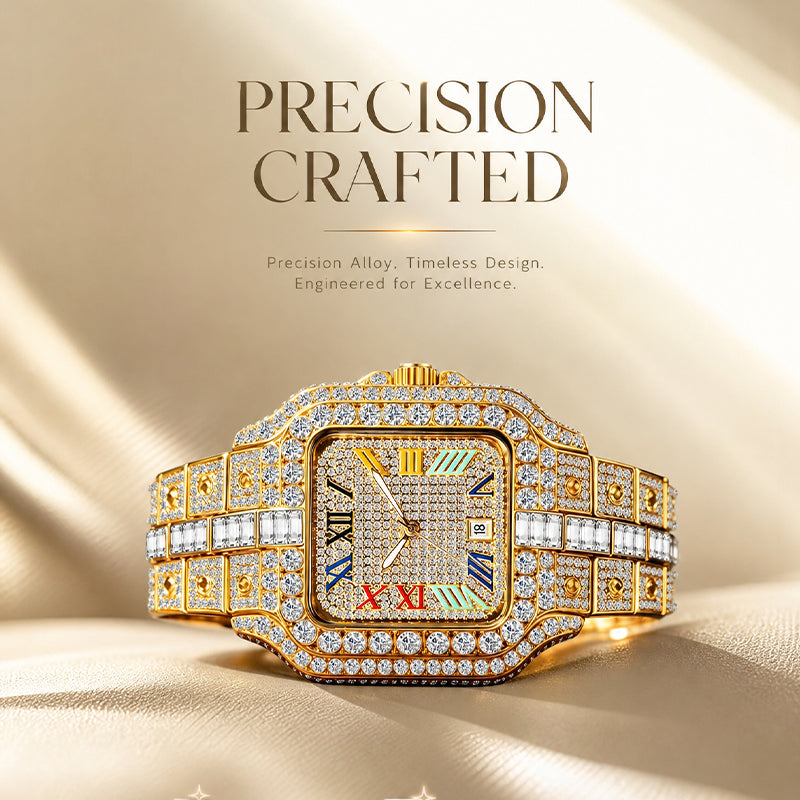 BELBI BELBL-8238 Live Edition Men's Iced Out Watch - Luxury Large Crystal Bezel Pave Dial Rainbow Roman Numerals 6H Date Metal Band Hiphop Wristwatch