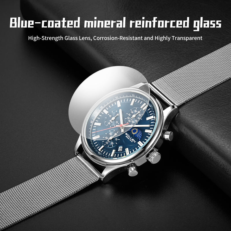 Sollen SL702 Quartz Watch - Men's Multi-Function Chronograph Moonphase Wristwatch