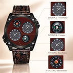 Oulm HP9139 Quartz Watch - Live Edition Men's Heavy Steampunk Dual Time Zone Industrial Black Case Luminous Hands Compass Leather Strap Tactical Wristwatch
