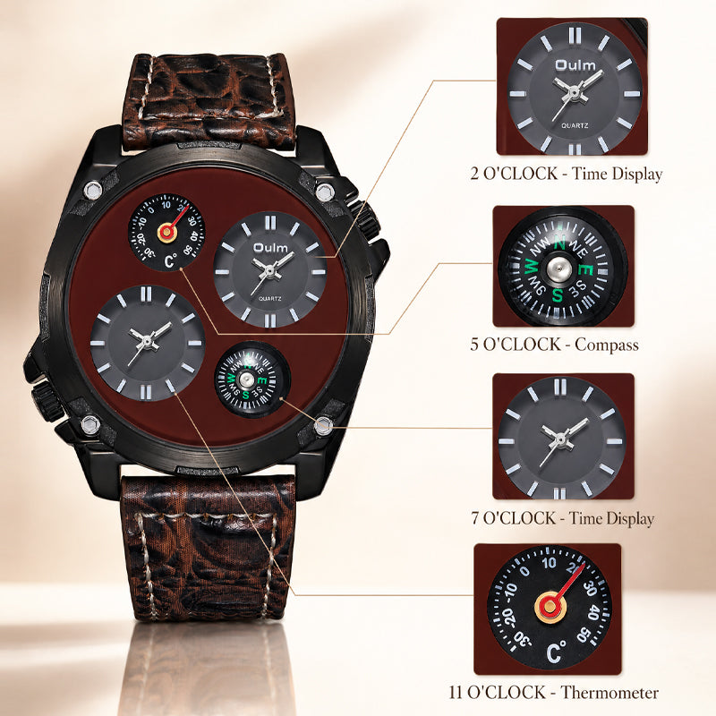 Oulm HP9139 Quartz Watch - Live Edition Men's Heavy Steampunk Dual Time Zone Industrial Black Case Luminous Hands Compass Leather Strap Tactical Wristwatch