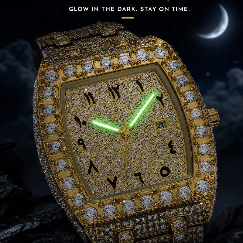 MISSFOX V386 Live Edition Men's Iced Out Watch - Luxury Large Crystal Bezel Tonneau Case Arabic Numerals Pave Gold Dial Date Window Metal Band Hiphop Wristwatch