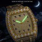 MISSFOX V386 Live Edition Men's Iced Out Watch - Luxury Large Crystal Bezel Tonneau Case Arabic Numerals Pave Gold Dial Date Window Metal Band Hiphop Wristwatch