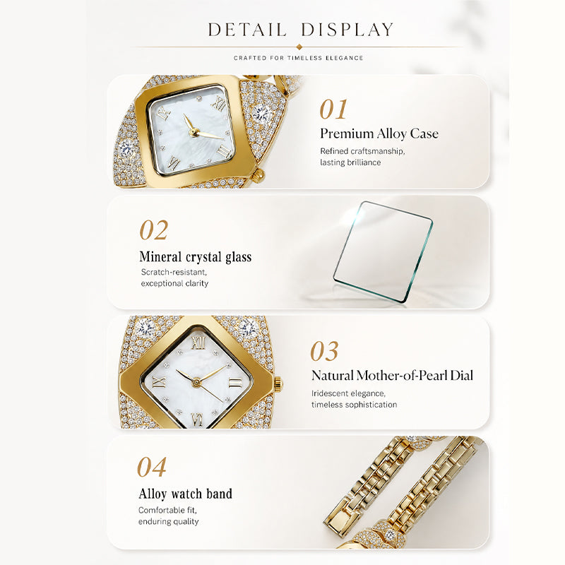 BELBI BL8113 Quartz Watch - Live Edition Women's Luxury Full IPG Gold Crystal Pavé Ornate Shield Case Mother-of-Pearl Dial Jewelry Bracelet Wristwatch
