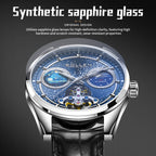Sollen SL332 Men's Open Heart Automatic Mechanical Watch - 41mm Stainless Steel Case Sapphire Crystal Moon Phase Dual Time Leather Strap Wristwatch