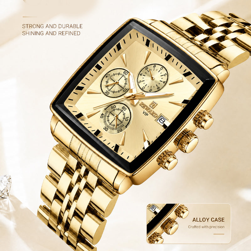 REWARD RD 81100M Quartz Watch - Live Edition Men's Luxury Rectangular Cushion Case Full Chronograph Luminous Hands Date Window Stainless Steel Band Wristwatch