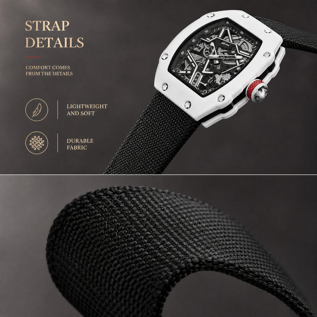 JEMSDUN JSD915 Live Edition Unisex High-Street Tonneau Quartz Watch - 38x48mm Carbon Pattern Case Mechanical Skeleton Dial Hook-and-Loop Nylon Strap Wristwatch