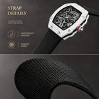 JEMSDUN JSD915 Live Edition Unisex High-Street Tonneau Quartz Watch - 38x48mm Carbon Pattern Case Mechanical Skeleton Dial Hook-and-Loop Nylon Strap Wristwatch