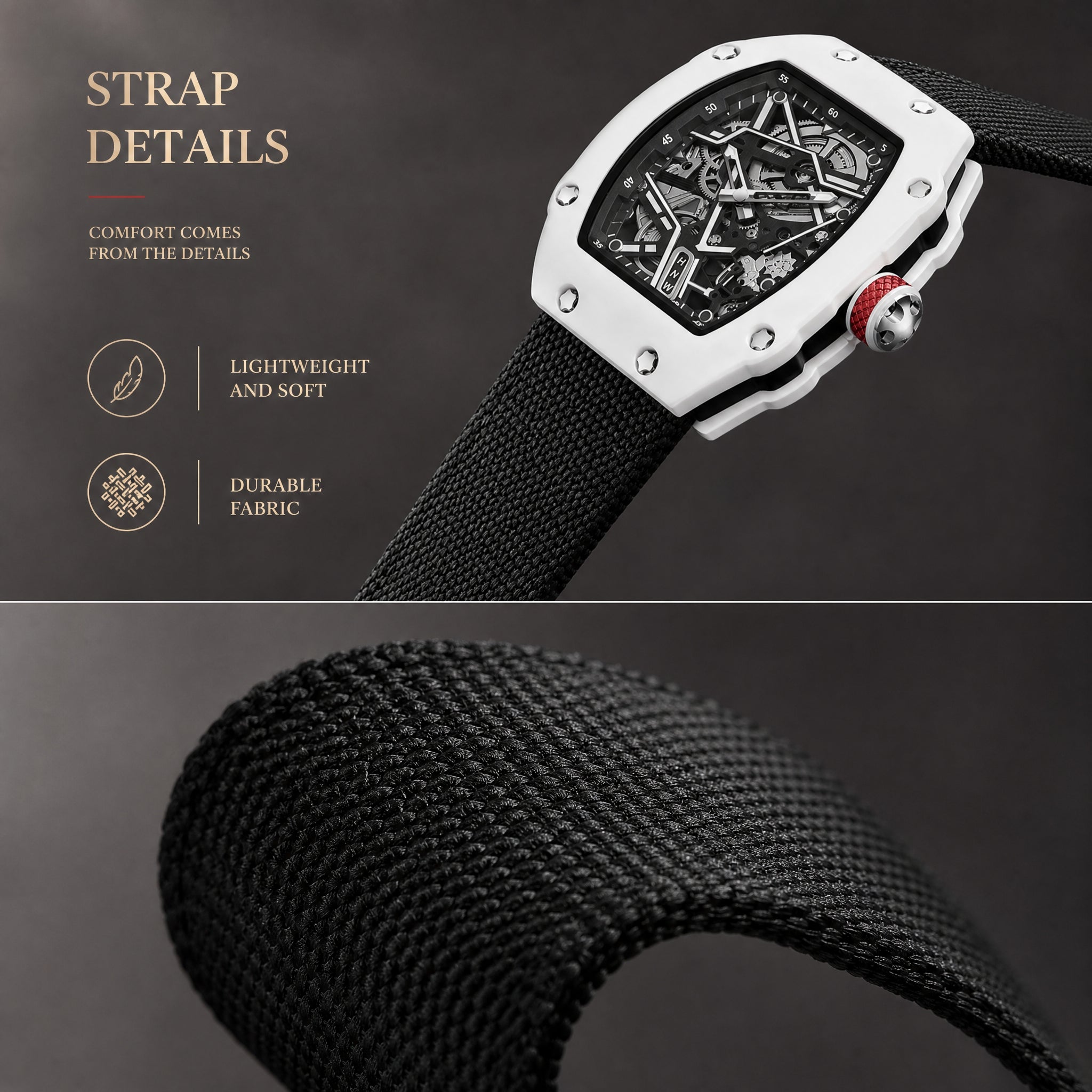 JEMSDUN JSD915 Live Edition Unisex High-Street Tonneau Quartz Watch - 38x48mm Carbon Pattern Case Mechanical Skeleton Dial Hook-and-Loop Nylon Strap Wristwatch