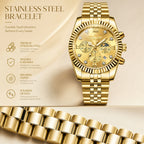 KINGNUOS DDM197 Live Edition Men's Luxury Fluted Bezel Chronograph Quartz Watch - 43mm Gold Case Sun & Moon Phase Multi-Subdial 4:30 Date Jubilee Bracelet Wristwatch