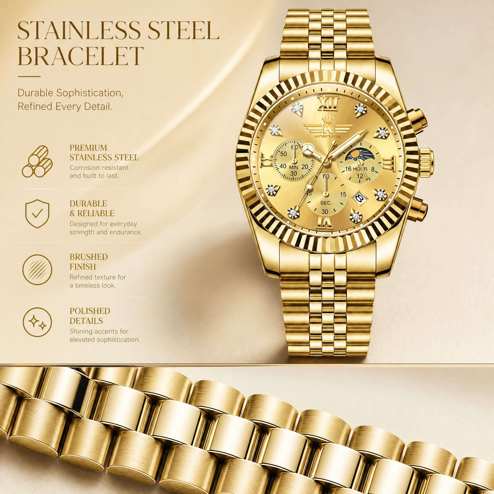 KINGNUOS DDM197 Live Edition Men's Luxury Fluted Bezel Chronograph Quartz Watch - 43mm Gold Case Sun & Moon Phase Multi-Subdial 4:30 Date Jubilee Bracelet Wristwatch