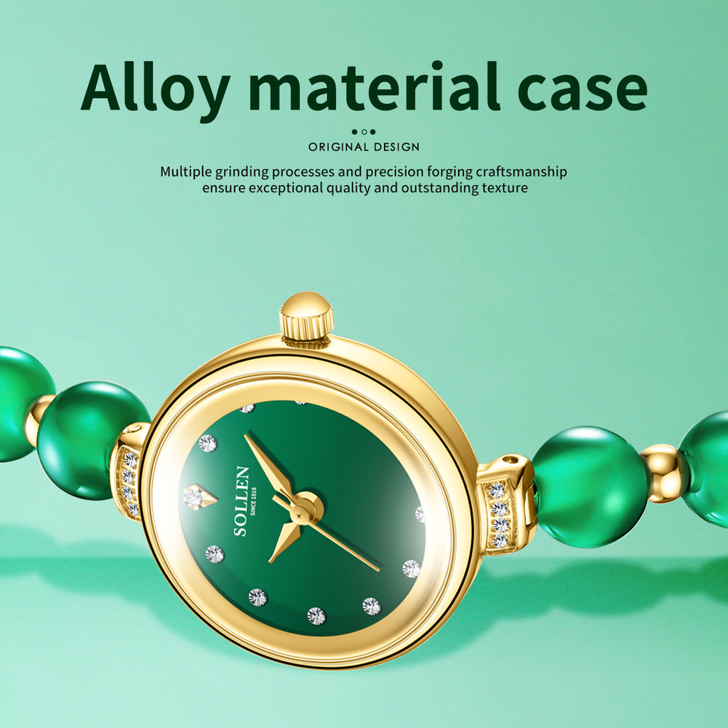 Sollen SL475 Quartz Watch - Women's Gold Green Chalcedony Beaded Bracelet Genuine Diamond Wristwatch