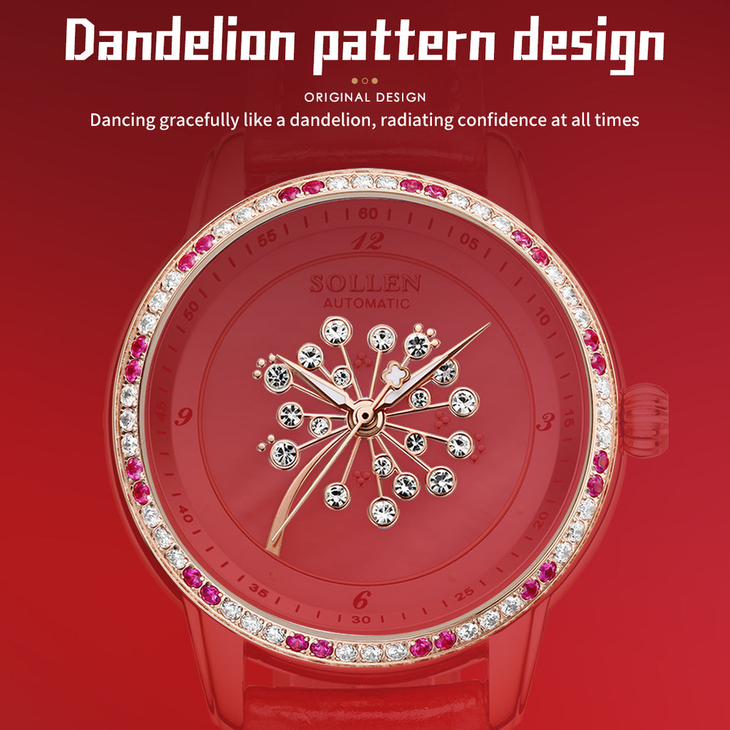 Sollen SL408 Women's Dandelion Skeleton Automatic Watch - 35mm Crystal Bezel Mother of Pearl Dial Leather Strap Wristwatch