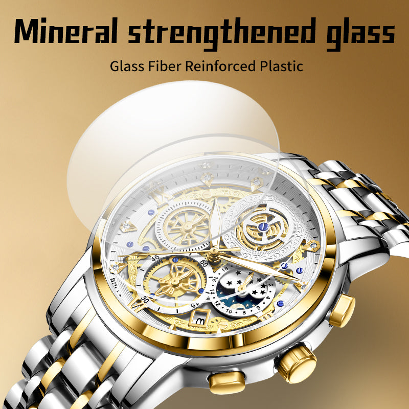 Sollen SL715 Chronograph Watch - Men's Two-Tone Stainless Steel 7-Bead Bracelet Multi-Function Quartz Wristwatch