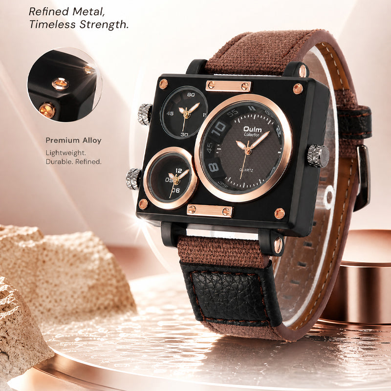 Oulm HP3595 Live Edition Men's Tactical Watch - Cyberpunk Multi Time Zone Triple Movement Rectangle Armor Case Wide Canvas Strap Sport Wristwatch