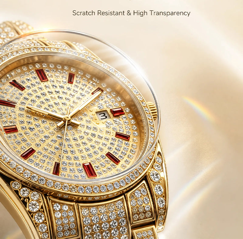 BELBI BELBL-8137 Live Edition Men's Iced Out Watch - Luxury Full Crystals Encrusted Round Case Pave Dial Ruby Red Indices 3H Date Metal Band Hiphop Wristwatch
