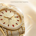 BELBI BELBL-8137 Live Edition Men's Iced Out Watch - Luxury Full Crystals Encrusted Round Case Pave Dial Ruby Red Indices 3H Date Metal Band Hiphop Wristwatch