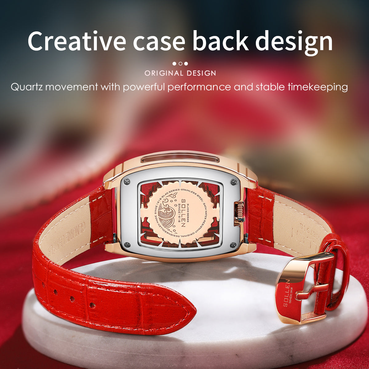 Sollen SL433 Women's Quartz Watch - 33.5x38mm Spinning Four-Leaf Clover Dial Crystal Bezel Genuine Leather Strap Wristwatch