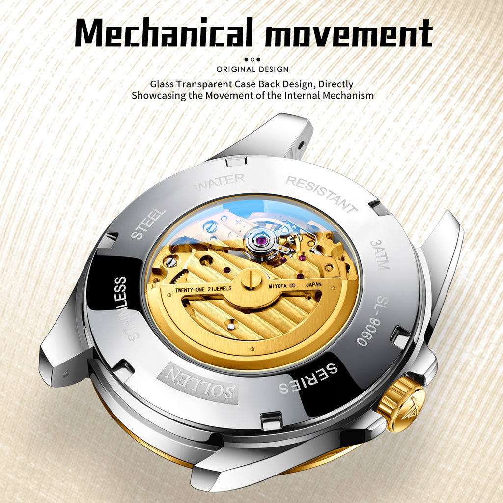 Sollen 9060 Automatic Watch - Men's Executive Open-Heart Flywheel Small Seconds 7-Bead Stainless Steel Bracelet Wristwatch