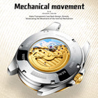Sollen 9060 Automatic Watch - Men's Executive Open-Heart Flywheel Small Seconds 7-Bead Stainless Steel Bracelet Wristwatch