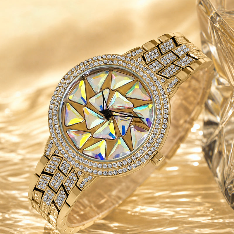 BELBI BELBL-9188 Live Edition Women's Fashion Watch - Luxury Full Crystals Encrusted Bezel Creative Geometric Prism Mosaic Dial Metal Band Wristwatch