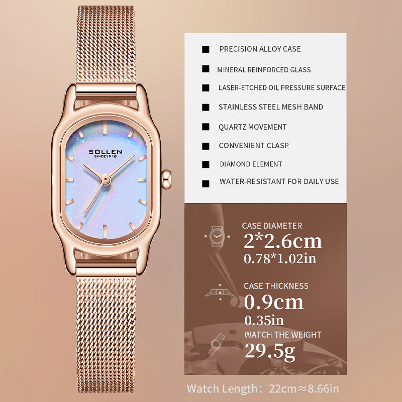 Sollen SL425 Women's Oval Holographic Quartz Watch - 20x26mm Rainbow Dial Rose Gold Mesh Bracelet Wristwatch