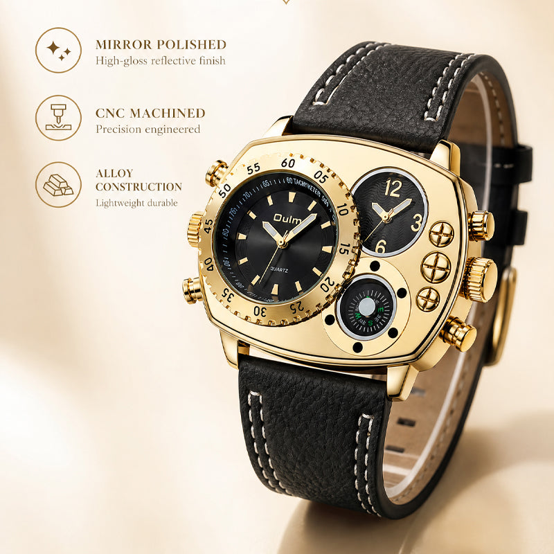 Oulm HP9865 Live Edition Men's Tactical Watch - Cyberpunk Multi Time Zone Dual Movement Armor Case with Built-in Compass Wide Strap Sport Wristwatch
