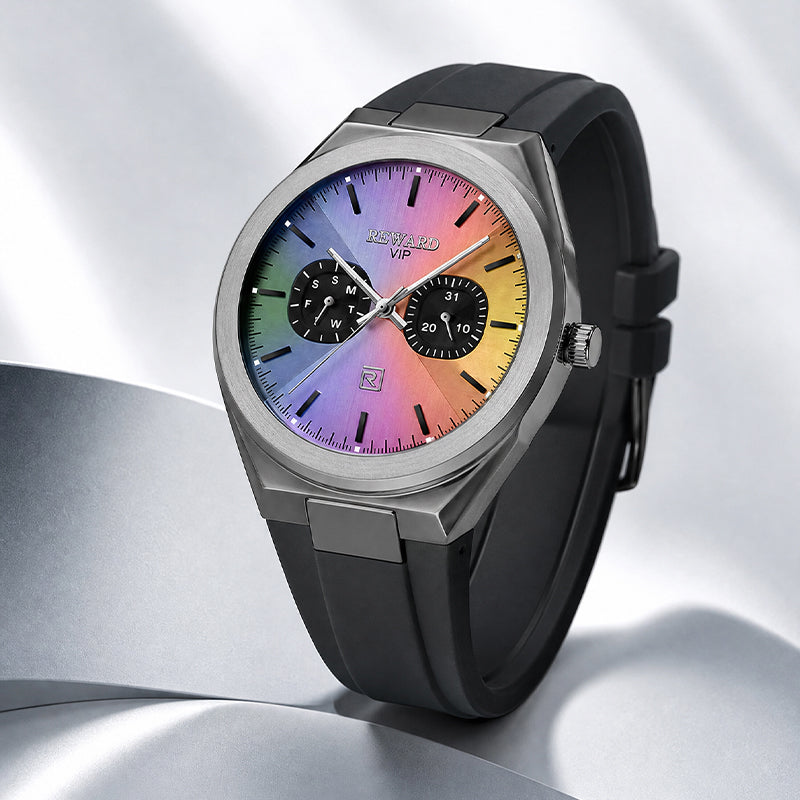 REWARD RD 932106M Quartz Watch - Live Edition Men's Ultra-Slim 8.7mm Case Dual Calendar Sub-Dials Luminous Hands Gradient Rainbow Dial Sport Silicone Strap Wristwatch