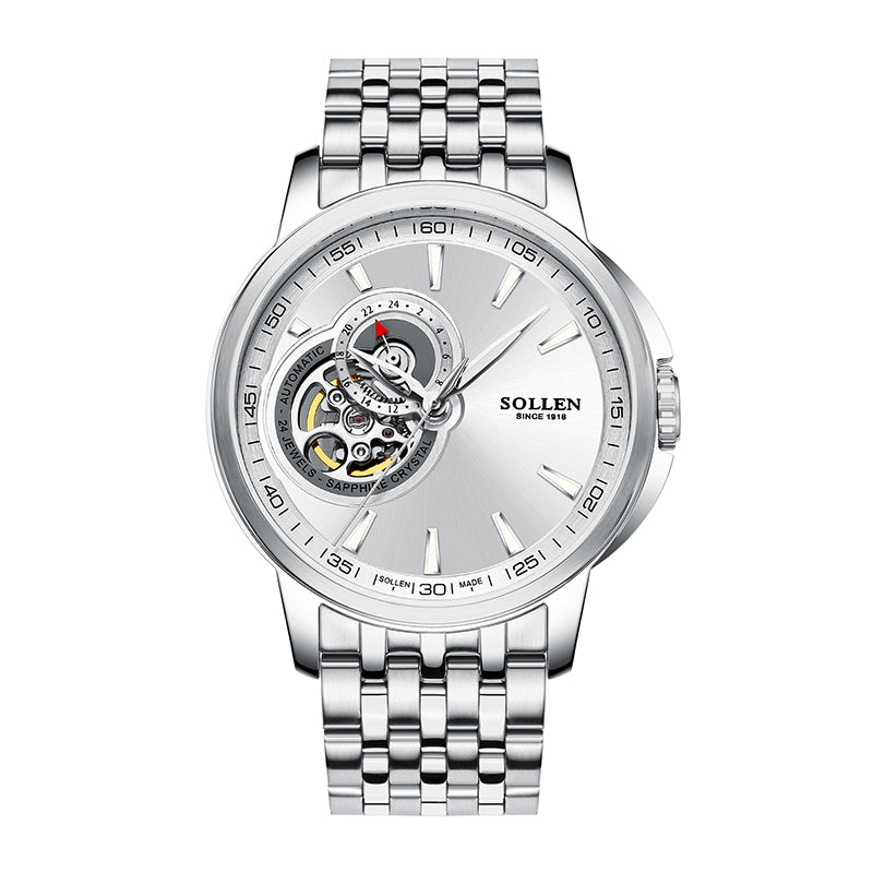 Sollen SL502 Automatic Watch - Men's Stainless Steel 7-Bead Bracelet Open-Heart Seiko NH39A Wristwatch