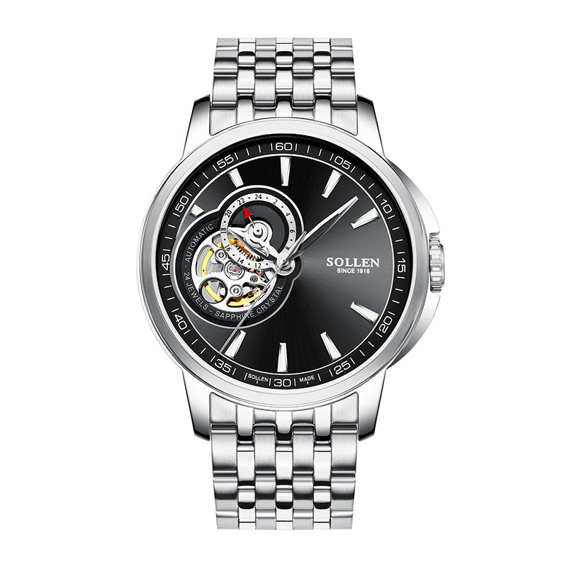 Sollen SL502 Automatic Watch - Men's Stainless Steel 7-Bead Bracelet Open-Heart Seiko NH39A Wristwatch
