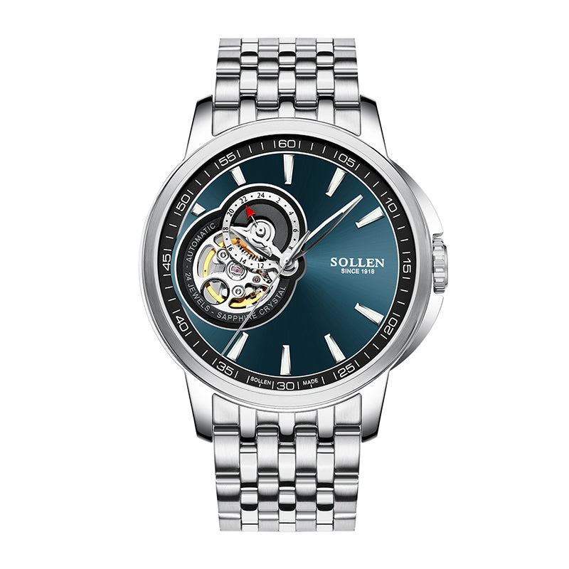 Sollen SL502 Automatic Watch - Men's Stainless Steel 7-Bead Bracelet Open-Heart Seiko NH39A Wristwatch