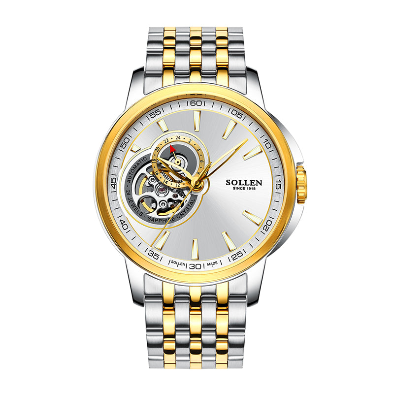 Sollen SL502 Automatic Watch - Men's Stainless Steel 7-Bead Bracelet Open-Heart Seiko NH39A Wristwatch