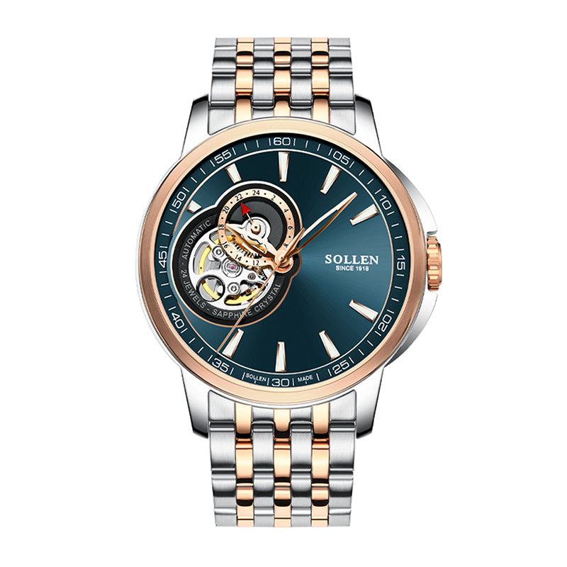 Sollen SL502 Automatic Watch - Men's Stainless Steel 7-Bead Bracelet Open-Heart Seiko NH39A Wristwatch