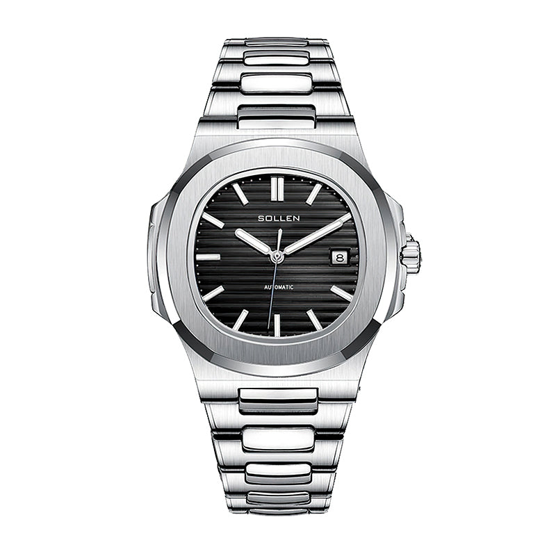 Sollen SL505 Automatic Watch - Men's Stainless Steel H-Link Bracelet Horizontal Grooved Dial Wristwatch