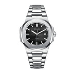 Sollen SL505 Automatic Watch - Men's Stainless Steel H-Link Bracelet Horizontal Grooved Dial Wristwatch