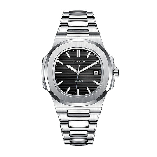Sollen SL505 Automatic Watch - Men's Stainless Steel H-Link Bracelet Horizontal Grooved Dial Wristwatch