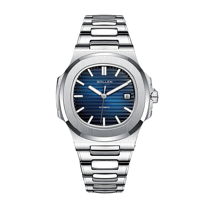 Sollen SL505 Automatic Watch - Men's Stainless Steel H-Link Bracelet Horizontal Grooved Dial Wristwatch
