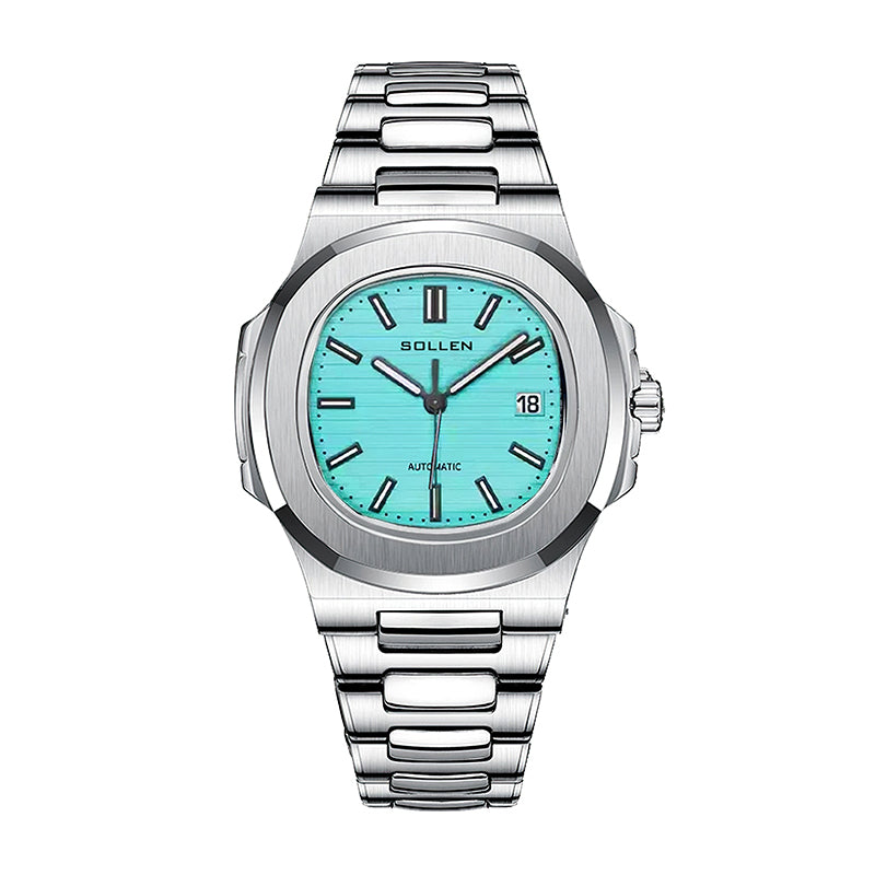 Sollen SL505 Automatic Watch - Men's Stainless Steel H-Link Bracelet Horizontal Grooved Dial Wristwatch