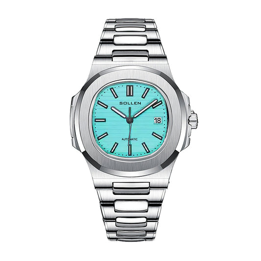 Sollen SL505 Automatic Watch - Men's Stainless Steel H-Link Bracelet Horizontal Grooved Dial Wristwatch